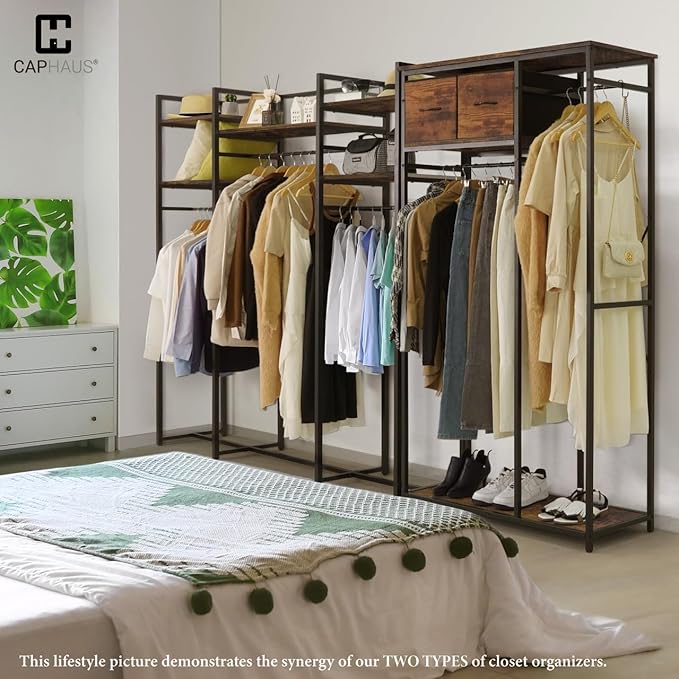 CAPHAUS 550lbs Capacity Garment Rack for Hanging Clothes, Heavy Duty Metal Open Wardrobe w/Hanging Rods & Drawers, Free Standing Closet Organizer, Metal Closet w/Wooden Boards, Rustic Oak Board