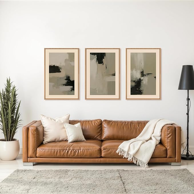 HLNIUC Abstract Neutral Wall Art, Minimalist Black Tan Canvas Wall Decor, Modern Paint Stroke 16"x24" Framed Art Set of 3, Earth Tone Shapes Prints for Living Room, Bedroom, Office