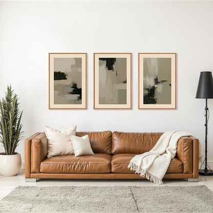 HLNIUC Abstract Neutral Wall Art, Minimalist Black Tan Canvas Wall Decor, Modern Paint Stroke 16"x24" Framed Art Set of 3, Earth Tone Shapes Prints for Living Room, Bedroom, Office