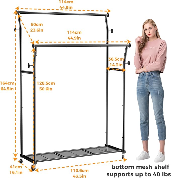 Double Rods Clothes Rack, Rolling Clothing Rack for Hanging Clothes with Hooks&Mesh Shelf, Portable Wardrobe Rack, Metal Coat Rack Sturdy Garment Rack for Bedroom Laundry Living Room Storage, Black