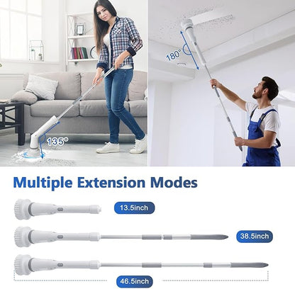 Qimedo Handheld Spin Scrubber with Extended Long Handle, Rechargeable Electric Scrubber for Cleaning, Cordless Power Dish Scrubber with 6 Brushes for Bathtub Grout Tile Floor
