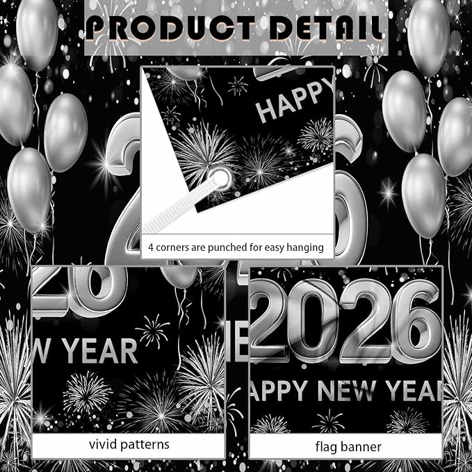 MEHOFOND 7x5ft Black and Silver 2026 Happy New Year Backdrop Hello 2026 New Year Eve Party Photography Background Balloon Fireworks Glitter Dots Cheers to 2026 Decor Banner Photo Booth Props