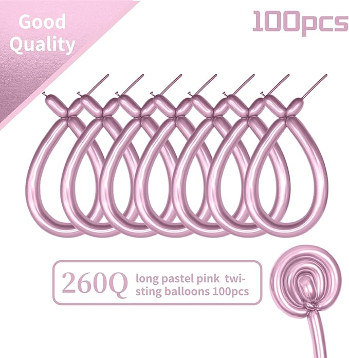 KAWKALSH 260 Metallic Pink Long Balloons for Balloon Garland Thickening Skinny Latex Twisting Animals Modeling Christmas Birthday Wedding Party Festival Decorations 100pcs
