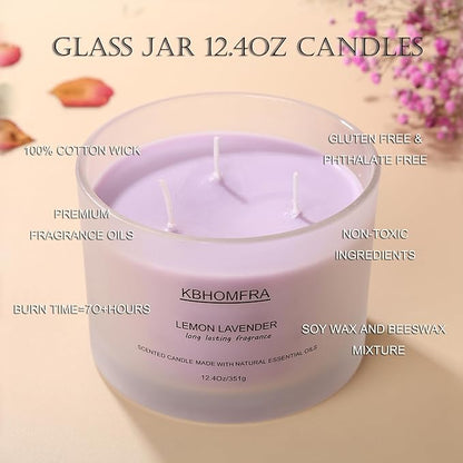 Scented Soy Wax Candle, 12.4 Oz Glass Jar, 70+ Hours Burn Time, Natural Essential Oils, Cotton Wick, Long Lasting Fragrance, Modern Contemporary Style (Lemon Lavender+Sage Citrus 2pack)