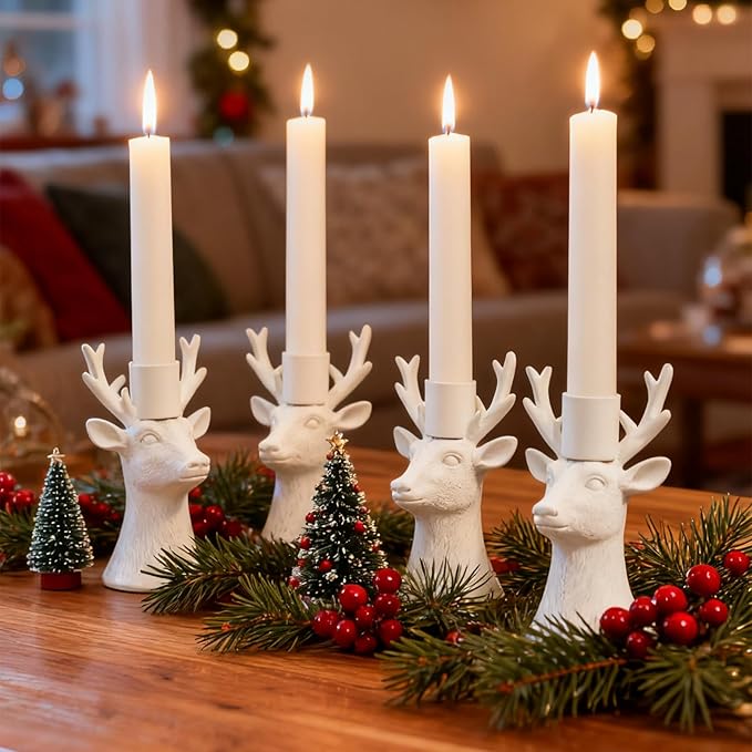 DN DECONATION Candlestick Holders Reindeer Votive Candle Holders for Taper Candles, Christmas Deer Candle Holder Centerpieces for Dining Table, Mantel & Holiday Decorations Set of 4 (White)