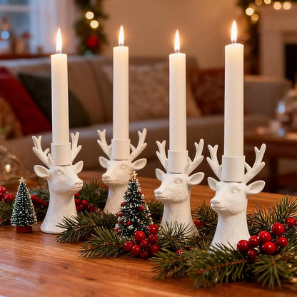 DN DECONATION Candlestick Holders Reindeer Votive Candle Holders for Taper Candles, Christmas Deer Candle Holder Centerpieces for Dining Table, Mantel & Holiday Decorations Set of 4 (White)
