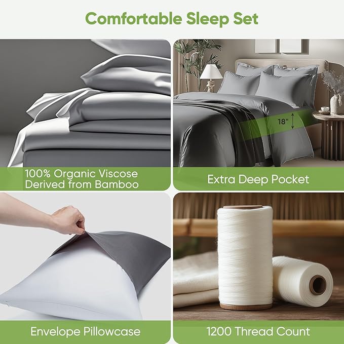 TWK Luxury Sheet Set, Genuine 100% Organic Viscose Derived from Bamboo, Cooling & Breathable, Silky Soft, Bedding Sheets & Pillowcases (Gray, California King)
