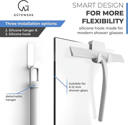 GÜTEWERK Shower Squeegee for Glass Doors, Silicone Window Squeegee, Bathroom and Glass Cleaning - White - 9 Inch