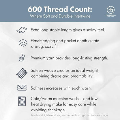 Threadmill 100% Cotton Sheets for Full Size Bed - 600 Thread Count Full Bed Sheets Set with 16” Deep Pocket - Damask Stripe Sateen Weave 4-Piece Bedding Set with Cooling Effect, Light Grey