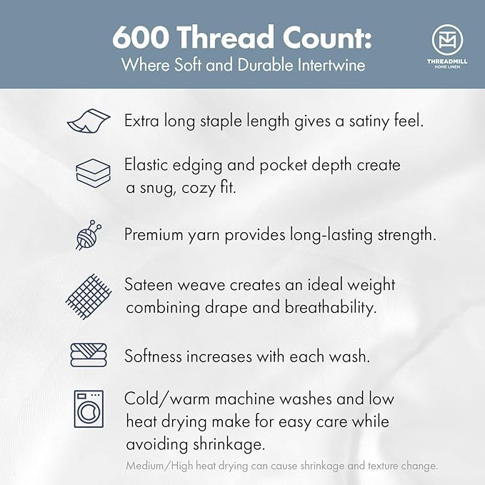 Threadmill 100% Cotton Sheets for Cal King Size Bed - 600 Thread Count Cal King Bed Sheets Set with 16” Deep Pocket - Damask Stripe Sateen Weave 4-Piece Bedding Set with Cooling Effect, Blue