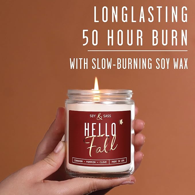 Fall Candles - 'Hello Fall Scented Candle' w/Cinnamon, Pumpkin & Fir I Infused with Essential Oils Autumn Scented Soy Candles for Home Décor, 9oz Reusable Jar, 50Hr Burn, Made in USA