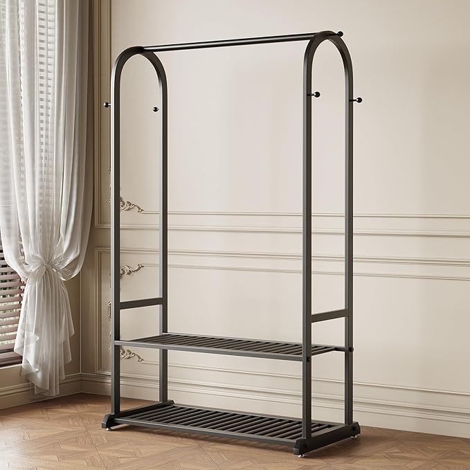Black Clothing Rack,Heavy duty clothes rack with 2-tier Bottom Shelves, Garment Rack with 6 Side Hooks for Hanging Clothes, Coats, Shirts (black, 39.37in)