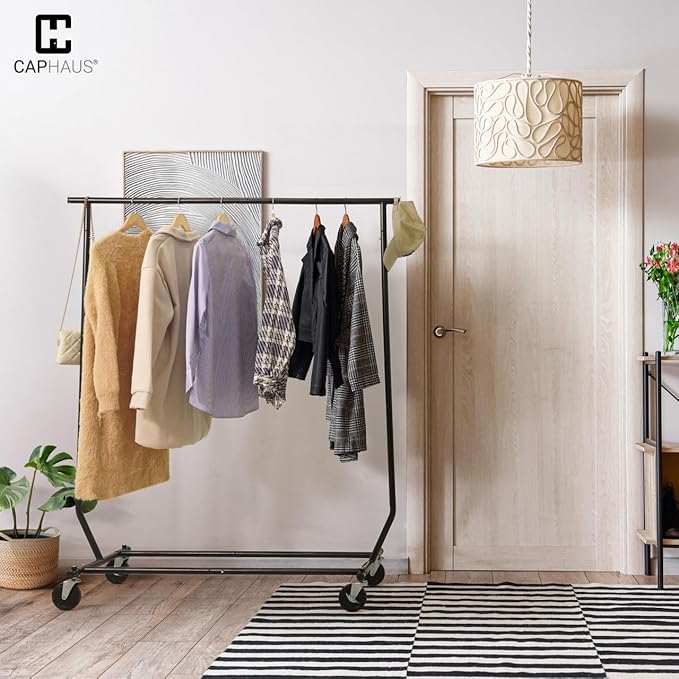 CAPHAUS Heavy Duty Clothes Rack, 220LBS Capacity Rolling Clothing Rack for Hanging Clothes, Adjustable Metal Wardrobe Rack, Portable Garment Rack with Wheels and Extendable Rod, Black