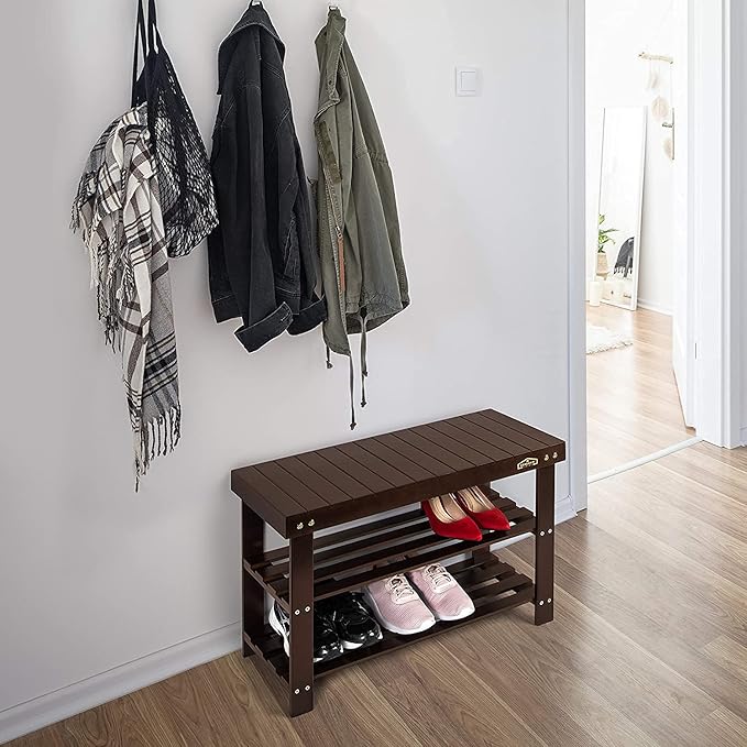 Homemaid Living Bamboo 3 Tier Shoe Rack Bench, Premium Shoe Organizer or Entryway Bench, Perfect for Shoe Cubby, Entry Bench, Bathroom Bench, Entryway Organizer, Hallway or Living Room(Brown)