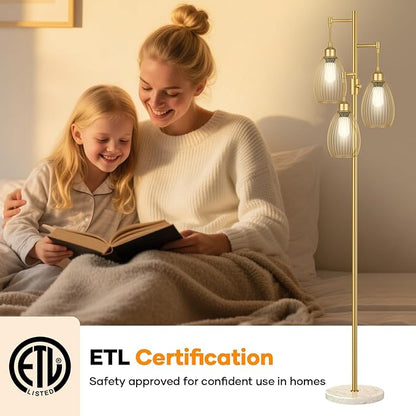 Dimmable Floor Lamp,3x800LM LED Bulbs Included, Farmhouse Industrial Floor Lamp Standing Tree Lamp with Teardrop Cage Head Tall Lamp for Living Room Bedroom Office Dining Room - Gold & Marble Base