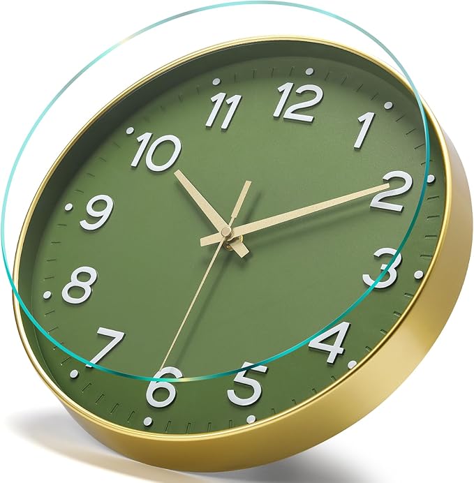 MEIRED Wall Clock 12 Inch Silent Non Ticking Battery Operated Round Wall Clock Modern Simple Style Decor Clock for Home/Office/School/Kitchen/Bedroom/Living Room, Olive Green and Gold