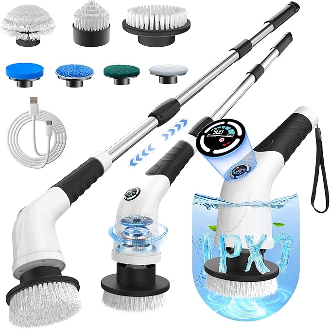 Electric Spin Scrubber,Cordless Cleaning Brush, 3-Speed,7 Replaceable Brush Heads & Long Detachable Handle, LCD Display Shows RPM/Torque/Battery, for Bathroom, Kitchen, Tile