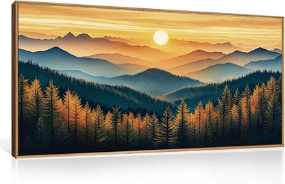 Large Abstract Sunrise Mountain Framed Canvas Wall Art,Boho Nature Forest Wall Decor,Foggy Pine Tree Wall Painting,Retro Landscape Artwork for Living Room,Bedroom,Dining Room,Office - 20"x40"x1