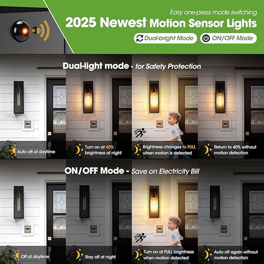 15.3" Large Motion Sensor Exterior Wall Light Sconces 2-Pack, Waterproof Dusk to Dawn Black Exterior Lighting Fixtures Wall Mount with 3 Lighting Modes, Outdoor Porch Coach Lights for Garage House