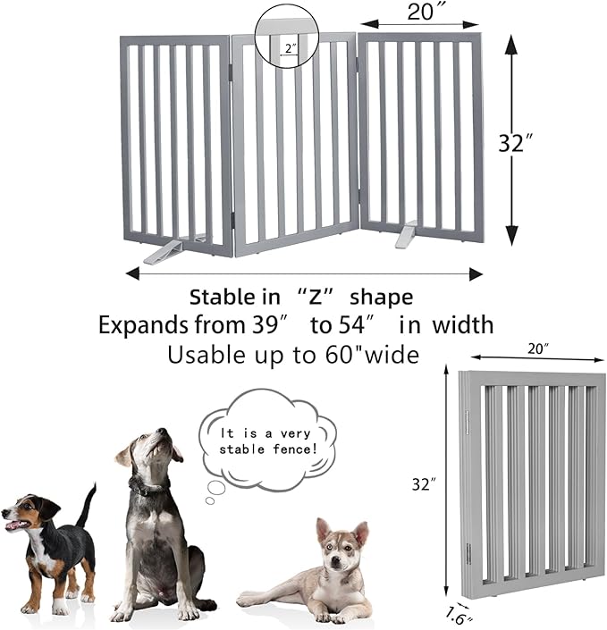 Dog Gate Indoor, Freestanding Dog Fence for The House, Doorways, Hallways,or Stairs,Pet Gate Foldable Wooden,Expandable 32" Height 3 Panels,Grey