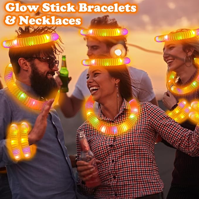 Orange Glow Sticks Pop Tubes, 24PCS Mardi Gras Party Favors, Light Up Necklaces & Bracelets Accessories Decorations, Glow Birthday Wedding Carnival Valentines Day Party Supplies for Kids & Adults