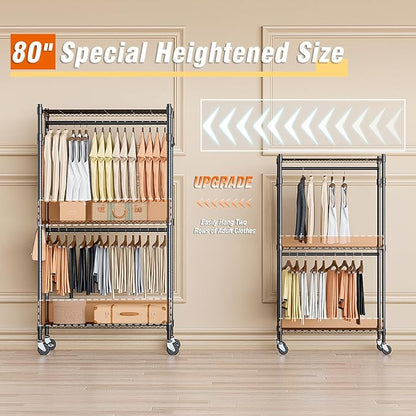 Homdox Heavy Duty Clothing Rack with 3 Tier Adjustable Wire Shelves, Garment Racks for Hanging Clothes, Double Rods Clothing Rack, Freestanding Closet Wardrobe with Side Hooks, Black