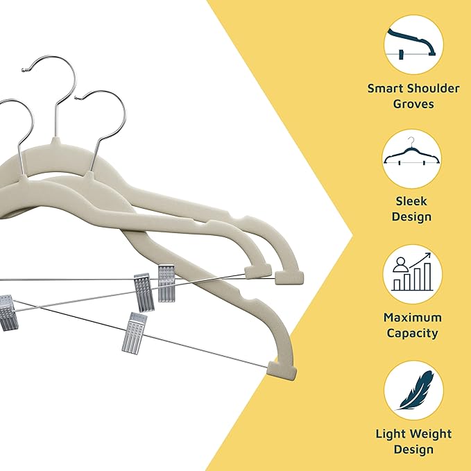 Velvet Skirt Hangers – with Adjustable Clips, 360 Degree Swivel Hook, and Non-Slip Shoulder Notch, Holds Up to 10 lbs, for Organizing Skirt, Pants, Dress, and Clothes, Pack of 10, Ivory