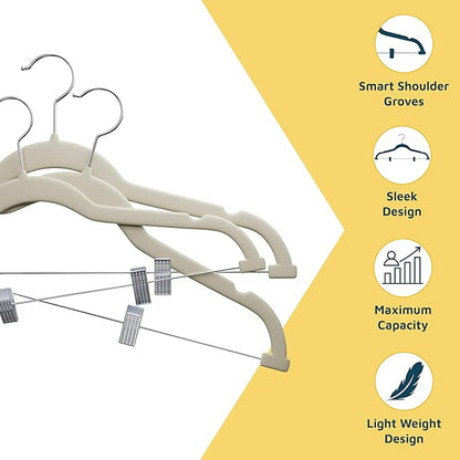 Velvet Skirt Hangers – with Adjustable Clips, 360 Degree Swivel Hook, and Non-Slip Shoulder Notch, Holds Up to 10 lbs, for Organizing Skirt, Pants, Dress, and Clothes, Pack of 10, Ivory