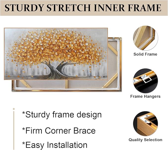 Gold Tree of Life Canvas Wall Art, Modern Abstract Textured Painting, Large Framed Panoramic Landscape Artwork for Living Room, Bedroom, Office, Home Decor 60"x30"