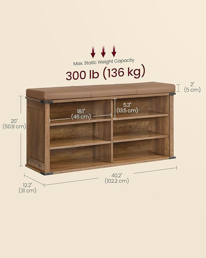 VASAGLE Shoe Storage Bench with Removable Cushion, Shoe Rack with Padded Seat, Entryway Bench with 6 Open Compartmens, Adjustable Shelves, for Hallway, Bedroom, Honey Brown ULSB105K01