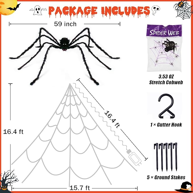 Halloween Spider Web Lights Decoration 250 LED Light up Spider Webs Halloween Decorations Outdoor with 59" Large Spider & 3.53 oz Stretch Cobweb 16.4 Ft Giant Web with 8 Modes (Purple & Orange)