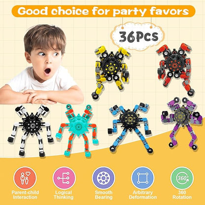 36PC Transformable Fidget Spinner for Kids,Deformable Chain DIY Robot Spinner Sensory Toy, Stress Relief Fingertip Gyros Fidget Toys Birthday Party Favors for Kids Gifts