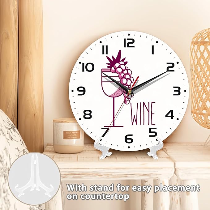 Wine Cup with Grapes Wall Clocks Wooden Wall Clock Art Hanging Clocks Silent Non-Ticking Wall Clock Battery Operated Round Home Arabic Numeral Decorative Wall Clocks 10 Inch