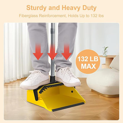 3-Pack Commercial Broom and Dustpan Combo Set, Industrial 51'' Broom and Dustpan Set, Large Standing Bulk Dust Pan Long Handle for Hall Office Garage Floor Outdoor - Bright Yellow