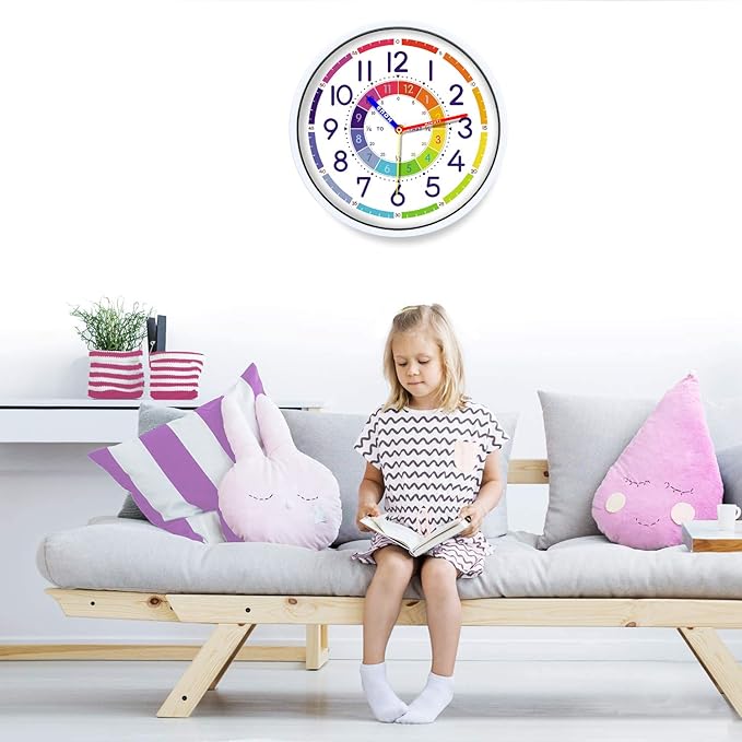 Time Teaching Clock 12 Inch Silent Wall Clock for Kids Learning Time, Silent Non-Ticking Quartz Decorative Wall Clock for Teacher's Classrooms Or Children's Bedrooms