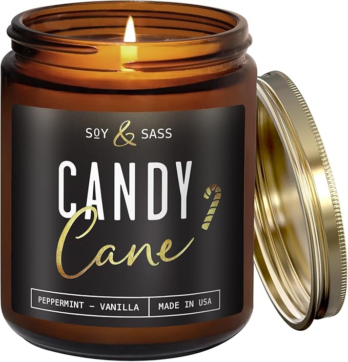 Peppermint Candle - 'Candy Cane' Christmas Candle w/Menthol, Peppermint & Vanilla - Infused with Essential Oils I Christmas Candles Scented I 9oz, 50Hr, Made in USA
