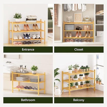 Bamboo Shoe Rack for Closet 3 Tier, Durable Wooden Shoe Rack, Space-Saving Stackable Shoe Organizer for Entryway, Dorm, Garage, Natural
