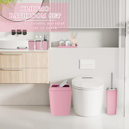 Pink Bathroom Accessories Set, 9PCS Pink Bathroom Accessory Sets Complete with Trash Can, Tray,Soap Dispenser,Soap Dish,Toothbrush Holder,Cup,Toilet Brush and Qtip Holders for Housewarming