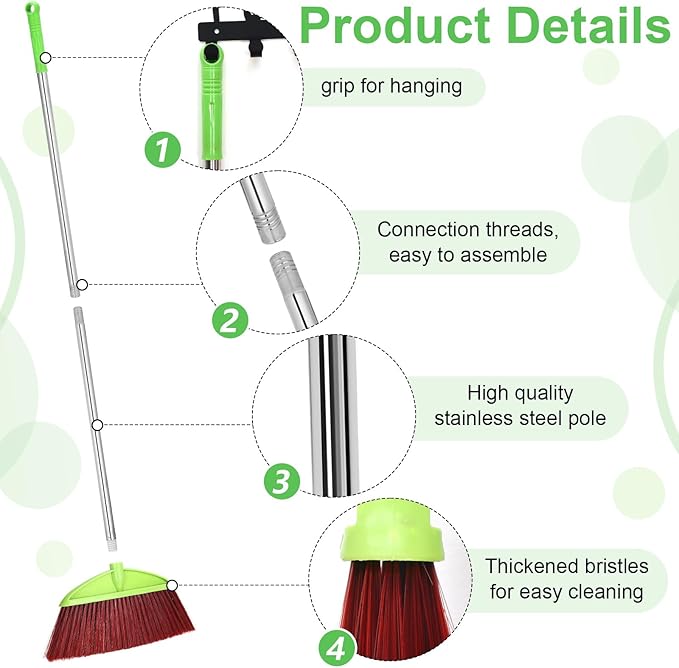 Lasnten 8 Pack Indoor Broom for Floor Cleaning Commercial Set with 49" Stainless Steel Detachable Handle Indoor and Outdoor Floor Brooms for Home, Garage, Kitchen, Office, Patio(Green,49x13.6 Inches)