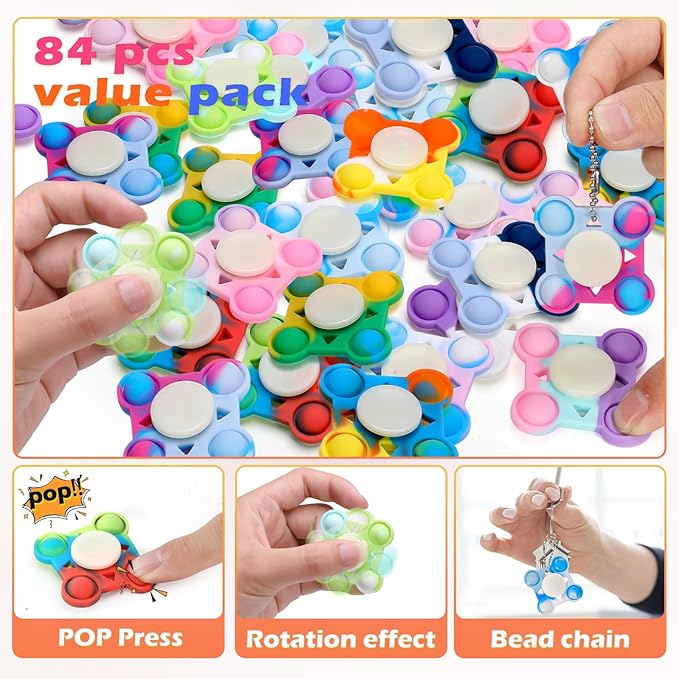 84 PCS Pop Fidget Spinners - Colorful Party Favors for Kids - Sensory Toys for Stress Relief and Anxiety - Classroom Prizes,Goodie Bag Stuffers,Birthday Gifts