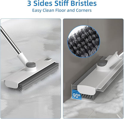 Scrub Brush with Long Handle, Floor Scrub Brush Squeegee Broom for Cleaning, 3 in 1 Shower Scrubber Floor Broom Squeegee for Concrete Tile Wall Deck Patio White