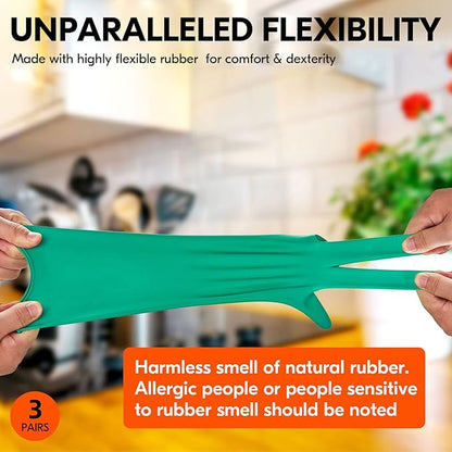 Vgo... 3-Pairs Reusable Household Gloves, Rubber Dishwashing gloves, Extra Thickness, Long Sleeves, Kitchen Cleaning, Working, Painting, Gardening, Pet Care (Size L, Green, HH4601)