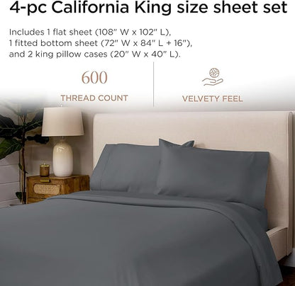 Threadmill 100% Cotton Sheets for Cal King Size Bed - 600 Thread Count Cal King Bed Sheets Set with 16” Deep Pocket - Sateen Weave 4-Piece Bedding Set with Cooling Effect, Dark Grey