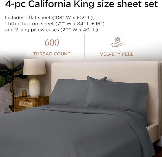 Threadmill 100% Cotton Sheets for Cal King Size Bed - 600 Thread Count Cal King Bed Sheets Set with 16” Deep Pocket - Sateen Weave 4-Piece Bedding Set with Cooling Effect, Dark Grey