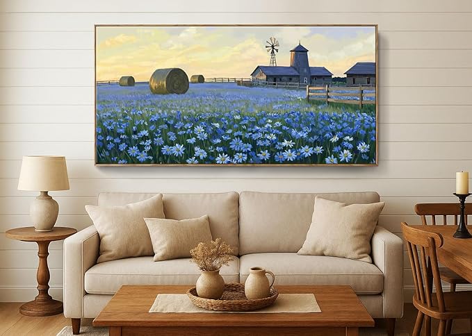 ARTZON Framed Oversized Living Room Wall Art Farmhouse Daisy Flower Barn Canvas Print Countryside Sunset Wildflower Landscape Picture Nature Rustic Blue Yellow Artwork for Bedroom Office Decor 58"×29"