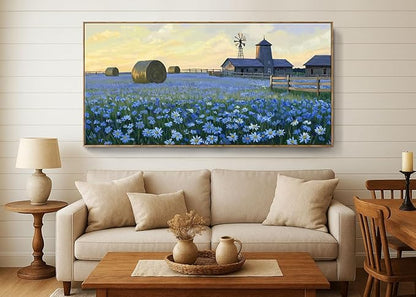 ARTZON Framed Oversized Living Room Wall Art Farmhouse Daisy Flower Barn Canvas Print Countryside Sunset Wildflower Landscape Picture Nature Rustic Blue Yellow Artwork for Bedroom Office Decor 58"×29"