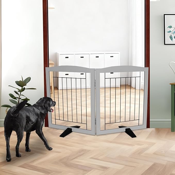 ZJSF Freestanding Dog Fence Indoor, Foldable Dog Gate for Doorways, Stairs or Hallways, Sturdy Wood Extra Wide Pet Gate with Support Feet for The House, Grey, 24 "Height-2 Panels