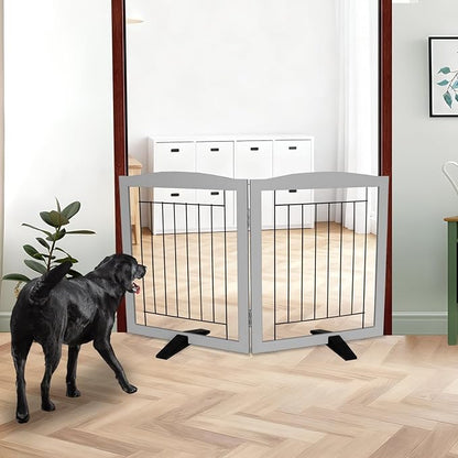 ZJSF Freestanding Dog Fence Indoor, Foldable Dog Gate for Doorways, Stairs or Hallways, Sturdy Wood Extra Wide Pet Gate with Support Feet for The House, Grey, 24 "Height-2 Panels