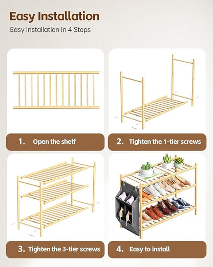 Bamboo Shoe Rack for Closet Small Wooden Shoe Organizer with Pouch, Sturdy Wood Shoe Shelf for Front Door Entrance Entryway and Outdoor, 26 inch Wide (Natural, 3-Tier)