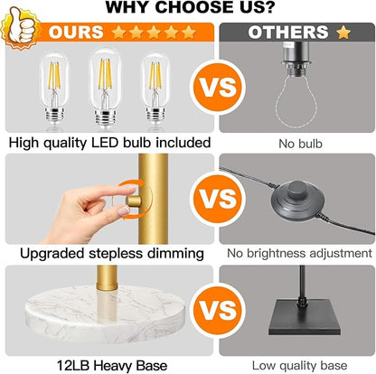 Dimmable Floor Lamp - 3 Lights Gold Floor Lamps for Living Room Linen White Shades & Marble Base, Mid Century Tree Floor Lamp for Bedroom Office, 3 LED Bulbs Included